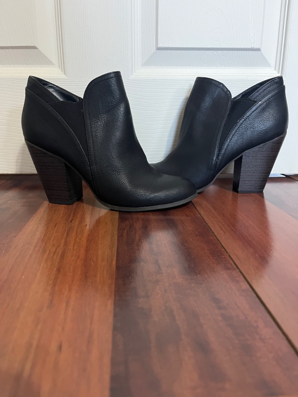 Women's Black Leather Ankle Booties with Block Heel